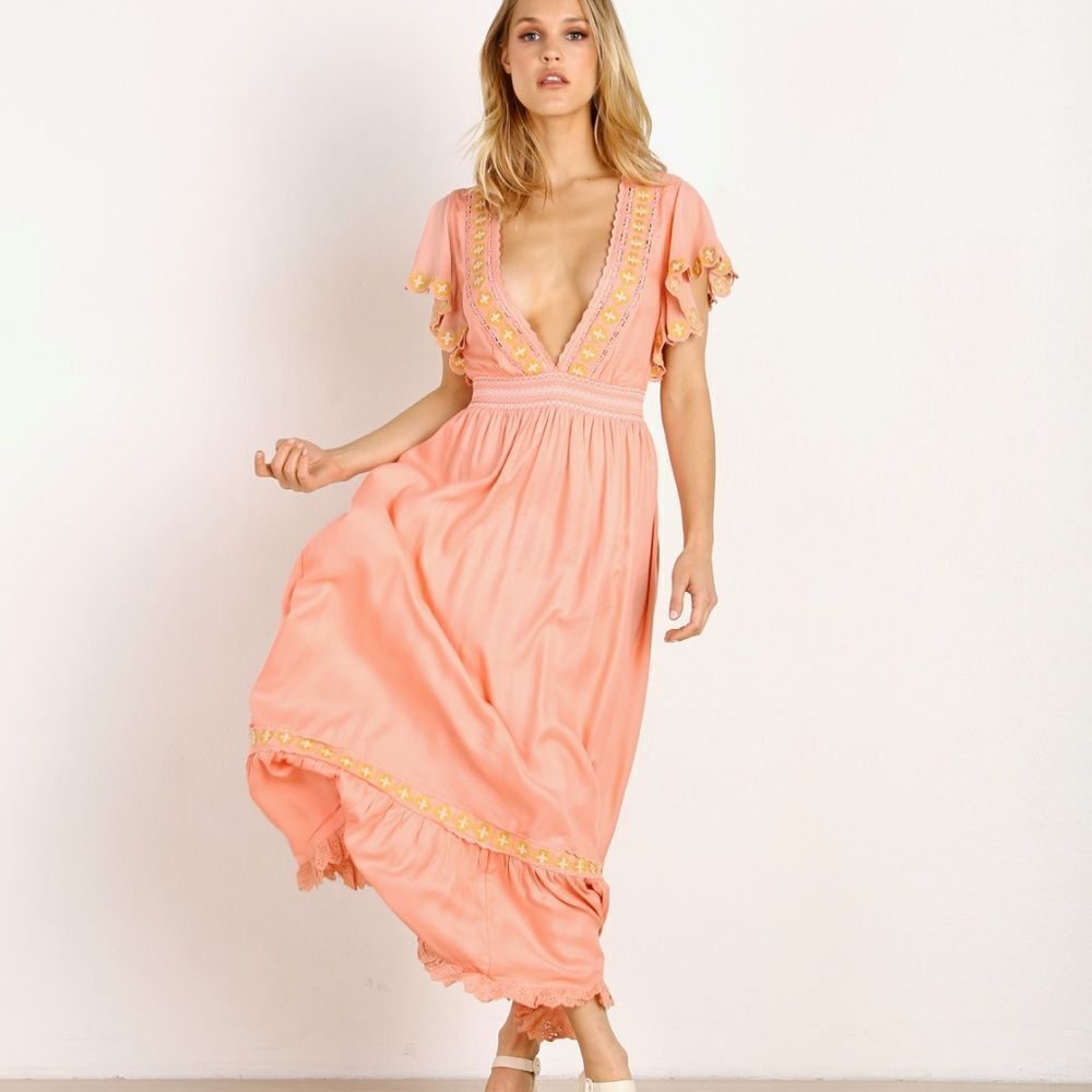 Cleobella Women'‎ Camelia V-Neck Boho Maxi Dress in Guava Pink Small